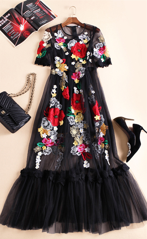 Women runway fashion summer dress elegant flower embroidery mesh designer maxi dress casual holiday beach dress 2016 D5780