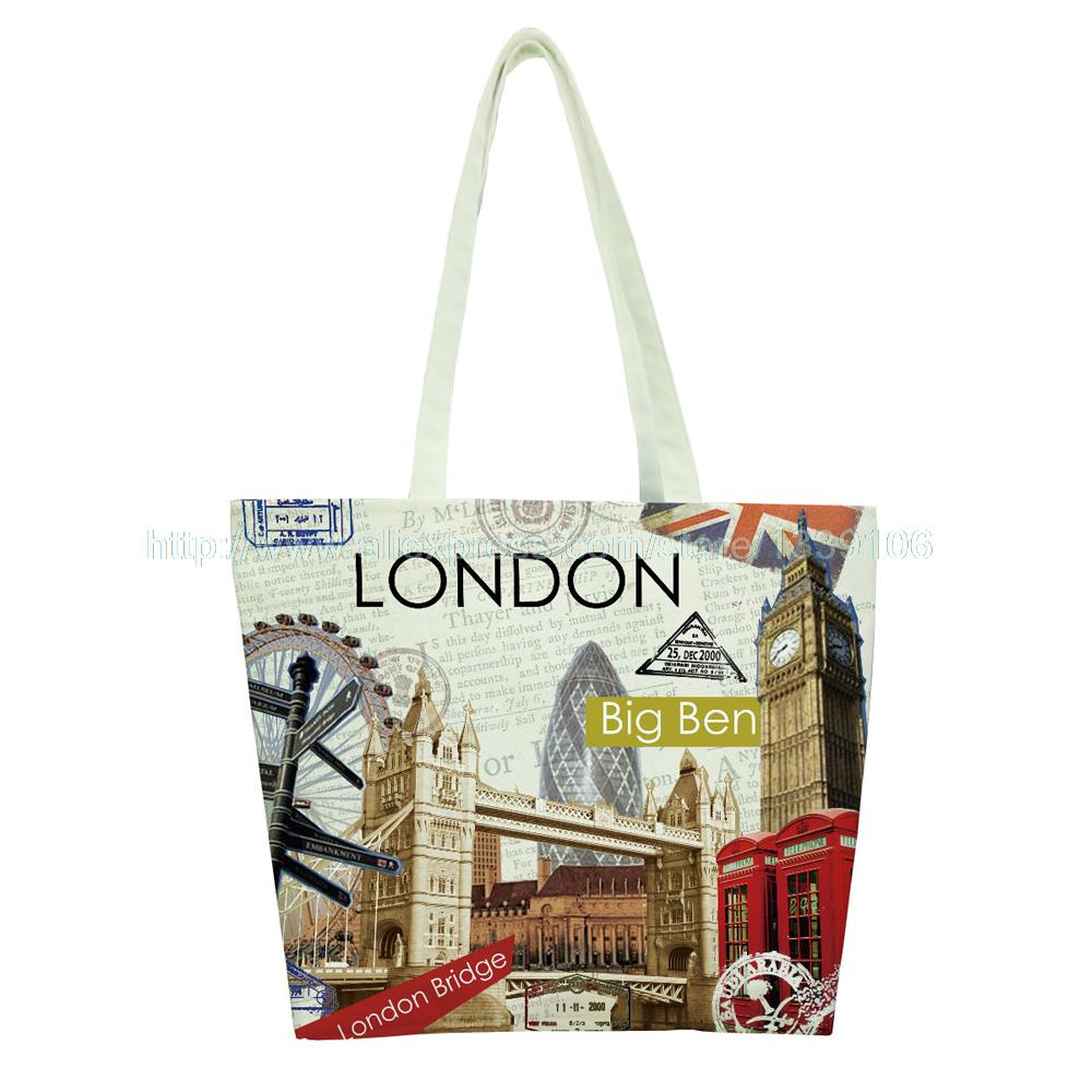 1pc Classical Fashion London Style Print Custom Vintage Reusable Foldable Ping Bag Oxford Cloth Handbag Shoulder Tote Bags