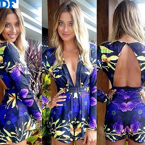 Macacao Feminino 2014 New Women Jumpsuit Deep V Backless Sexy Print Jumpsuit Rompers Plus Size Evening Club Bodysuit Playsuit DF