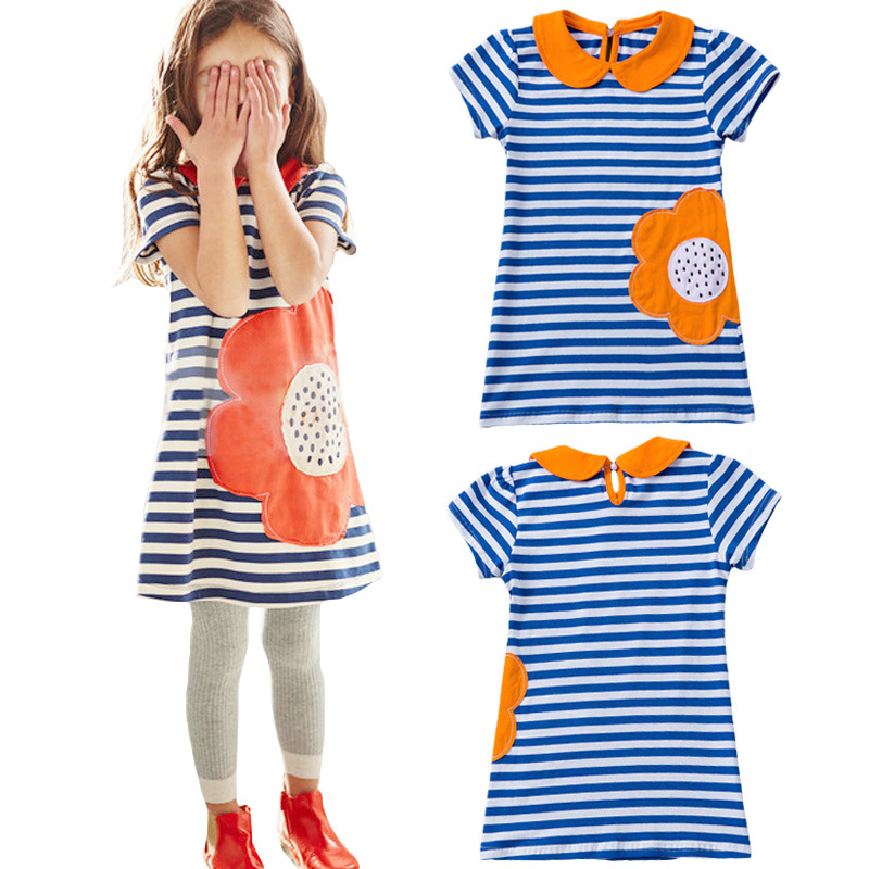 2016 Summer Fashion Girls Dress Stripe Dress for Children Girls 1 7y Cotton Flower Rabbit Embroidery