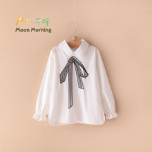 Moon Morning Meisjes Blouse 2T~14T Bow Print Shirts Turn-down Collar Veste White Spring Autumn Styling Woven Descendent Uniform