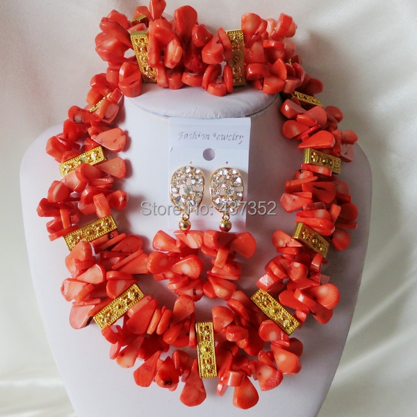 Handmade Nigerian African Wedding Beads Jewelry Set , Pink Coral Beads Necklace Bracelet Earrings Set CWS-357