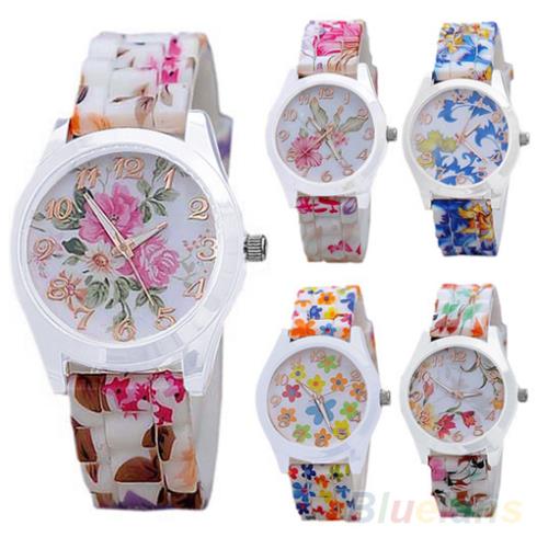 Women Luxury Silicone Band Flower Printed Jelly Sports Analog Quartz Wrist Watch 1DUG
