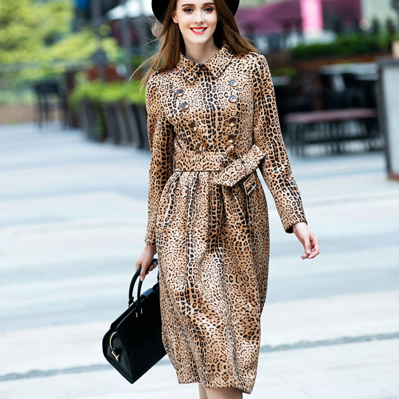 Luxury Dress 2016 New Spring Autumn Fashion Brand Long Sleeve Mid-Calf Double Breasted Belt High Quality Leopard Novelty Dress