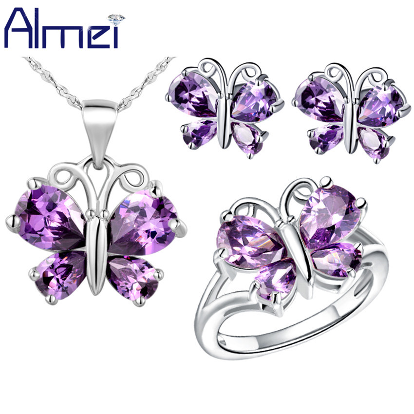 Butterfly Jewelry Sets for Women Silver Plated Necklace Set with Purple White Crystal CZ Diamond Animal