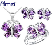 Butterfly Jewelry Sets for Women Silver Plated Necklace Set with Purple/White Crystal CZ Diamond Animal Earrings Rings 2016 T235