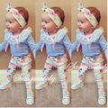 2016 ins baby girl clothing set long sleeve lace T shirt pants headband 3pcs Infant bebe