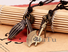 Handmade Fashion Genuine Leather Chain Necklace Men retro Vintage Ax Palm Pendant Necklaces Male Jewelry Collar Colar Masculino