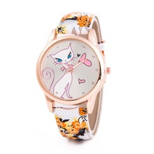 2016 New Style Cute Cartoon Cat Watches Women Fashion Large Numeral Casual Watch Floral Strap Quartz