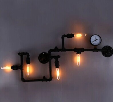 Free shipping to Europe industrial lighting water pipe black iron finished edison style retro vintage E27 fitting wall lamp