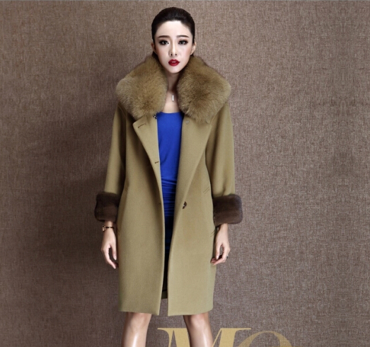 2014 new European and American high-end brand woolen coat fox fur collar double-sided cashmere coat