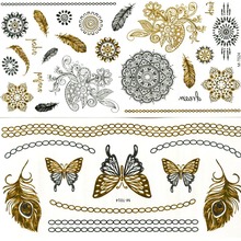 Cool Tattoo Stickers Stencils For Painting Body Art Temporary Waterproof Glitter Metal Golden Crown Lotus Loves