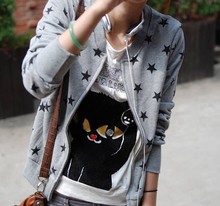 2015 Autumn New Star Pattern Printed Baseball Jacket Women Sports Sweatshirt Street Long Sleeve Zipper Women