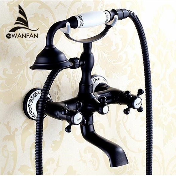 Free shipping wholesale Black antique brass dual handle deck mounted bath and shower faucet with handheld showers SY-019R