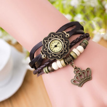 Fashion Women Ladies Vintage Charm Crown Decoration Leather Bracelet Quartz Wrist Watch Jewelry