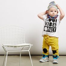 2016 Baby Boy Summer Clothes Cotton Short Sleeve White Letter Print Boys Tees + Knee Patch Pants Boys Set Toddler Clothing