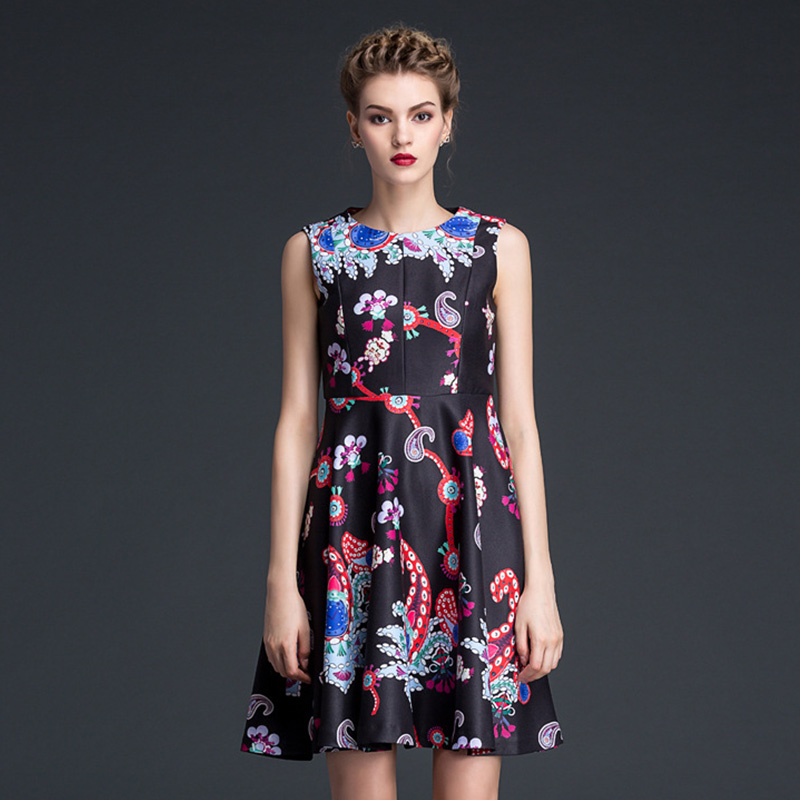Fasicat 2015 new brand Floral Printed Sleeveless vintage party prom dress Luxurious Autumn and Winter black winter dress 180224