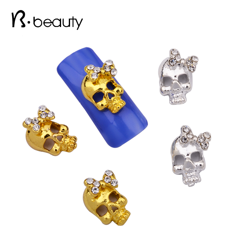 10pcs Gold Silver Bows Skull Glitter Rhinestone Jewelry Metal Nail Art Decoration 3d Alloy Nail Charms Studs DIY Nail Tools