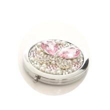 2014 New Diamon pink Butterfly women s Mirror Handmade Portable Double Dual Sides Stainless Steel Frame