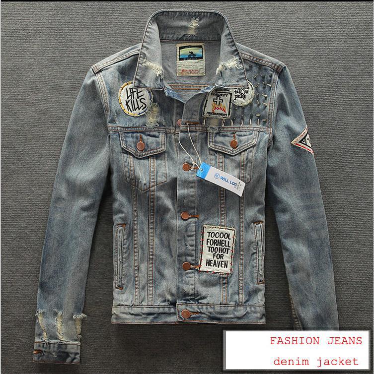 2015 New Arrival Europea Stylish Denim Rivet Jacket Coat Fashion Popular Brand Casual Jacket Men Clothing