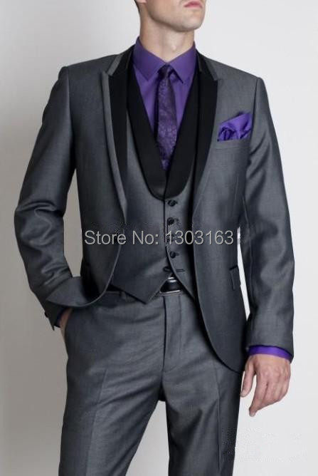 2014 Classic Gray Peak Lapel Groom Tuxedos Groomsmen Best Man Suit Men Wedding Suits Bridegroom Suit (Jacket+Pants+Vest+Tie)
