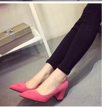 Free Shipping New Fashion Brand Shoes Woman Pointed Toe Square Heel High Heel Shoes PU Nubuck Leather Flock Women Shoes