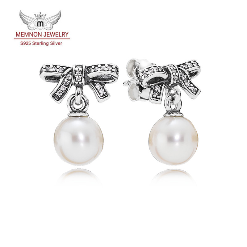 Fine jewelry sterling-silver-jewelry bow earrings for women with pearl 925 Sterling Silver pearl jewelry brincos earring ER822