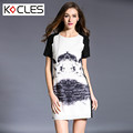 Plus Size 4 5XL 2016 Summer New Womens Elegant Ink Painting Print Contrast Patchwork O Neck