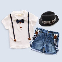 2016 new summer children clothing for boys white polo jeans shorts 2 pcs suit clothes baby boy tie t shirt