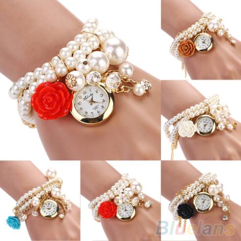 Women Watches Rose Flower Design Faux Pearl Round Dial Analog Quartz Bracelet WristWatches 2KMG