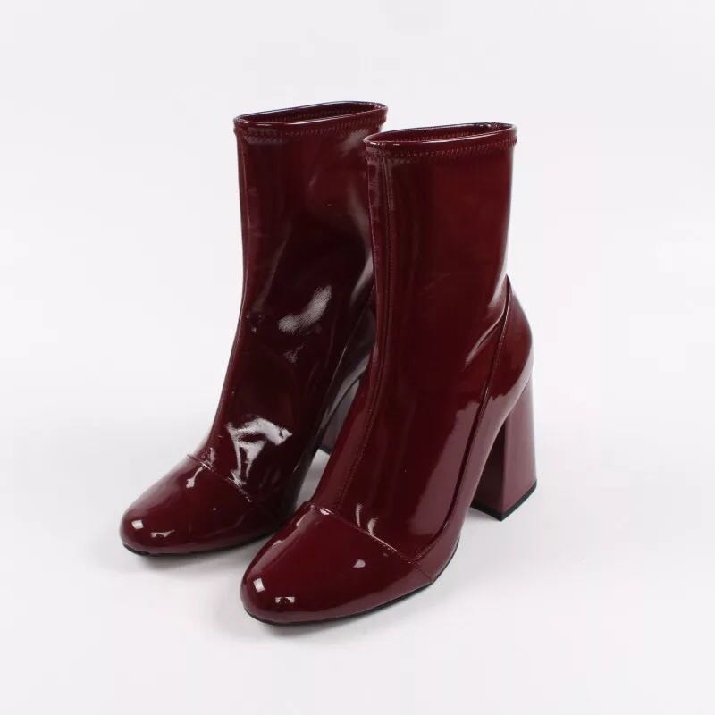 Women boots 2015 wine red patent leather boots with thick black women boots
