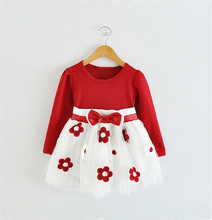 2016 Cute Baby Girl Patchwork Flower Bow Dress Children Kids Birthday Christening Dresses Long Sleeve Autumn Clothing Wear