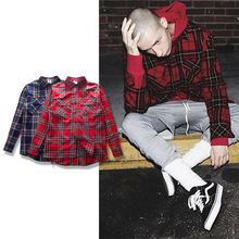 Streetwear Punk Tartan Brand Clothing Men Clothes Korean Extended Gray/red Checkered Plaid Shirt Dress New Model Shirt M-XL