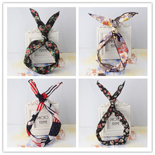 Women Printing Flower Headbands Rabbit Bunny Ear Elastic Hair Ties Ropes Decorated Elastic Rubber Fashion Hair Bands Accessories