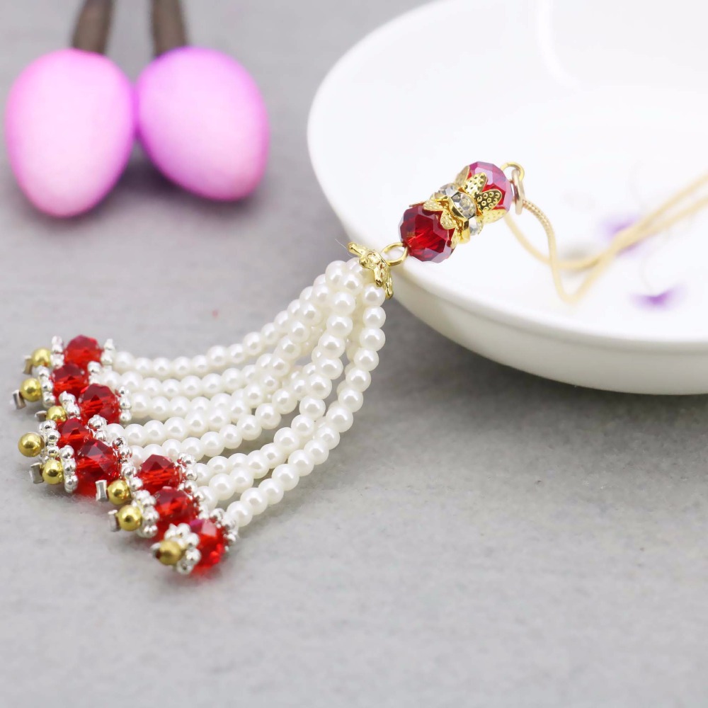 White Pearl Tassel Necklace For Women Female Cryst...