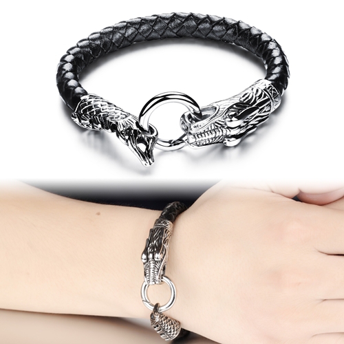 2015 New Fashion Fine Mens Jewelry Genuine Leather Bracelets Stainless Steel Chain Dragon Head Vintage bracelet