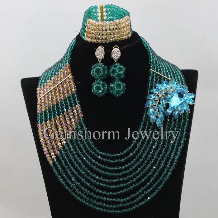 African Teal Green Wedding Beads Jewelry Set Teal Green/Gold Beads Necklace Set Women Jewelry Accessories Free Shipping WA290