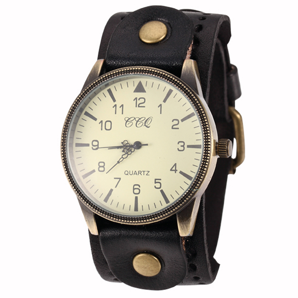 2014 New Unisex Vintage Punk Genuine Leather Bracelet Wrist Watch with Wide Band Big Dial Watch