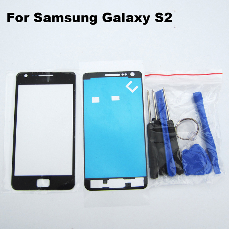 Black Front Outer Glass Lens for Samsung Galaxy S2 i9100 9100 Touch Front Screen Glass Lens + adhesive + tool Free shipping
