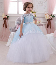 2016 Half Sleeve Flower Girls Dresses Light Blue Ball Gown Girls Pageant Dresses Appliques Wedding Girls Wear