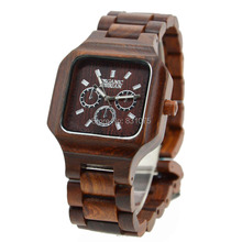 Estilo Vintage mujer hombre reloj Red Sandal Wood reloj japón movimiento de cuarzo Import con calendario Natural de madera de pulsera