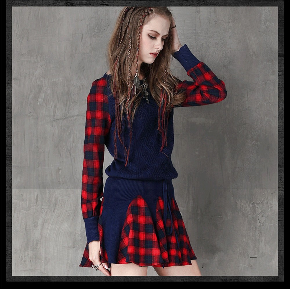 Vintage Wool WINTER DRESS 2016 Casual Knitting Long Sleeve Women Dress Plaid Sashes Patchwork Sweater Dress Woman O-neck Vestido (12)