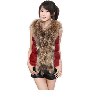 2013 Women's Fashion Real Rabbit Fur Waistcoat with Raccoon Fur Collar Short Style Vest Free Shipping