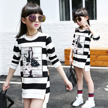 Girls clothing child basic shirt loose female big boy top 2016 o-neck stripe medium-long t-shirt