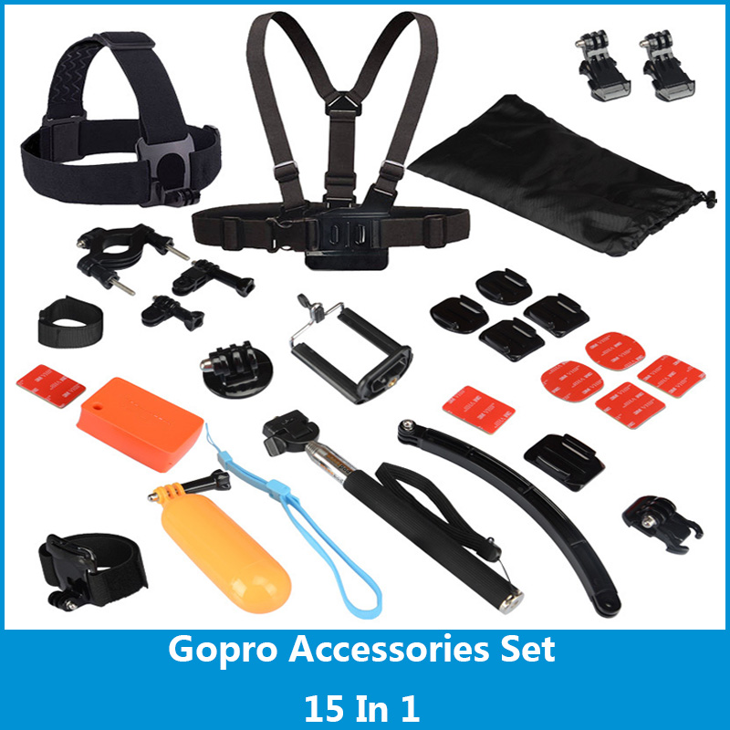 New 15 In 1 Gopro Accessories Set Gopro Hand Wrist Strap+Helmet Extention Kits Mount+Chest Belt Mount For Gopro Hero 4/3+/3//2