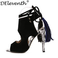 New Stylish Snake Skin Slingbacks Suede Peep Toe Cut-Outs High Heels Shoes Woman Fringed Sexy Pumps Zapatos Mujer Black Tassels