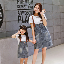 Fashion Denim Women Dresses Family Dresses for Mummy Girl 2pcs Toddler Girl Dresses Family Matching Clothing Gray Dresses DR73