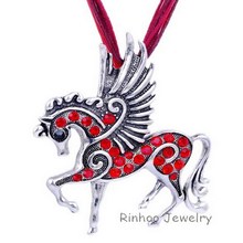 2016 New mix color Crystal Pegasus Fly Horse Pendant with Ribbon Rope Lobster Clasp Necklace Costume