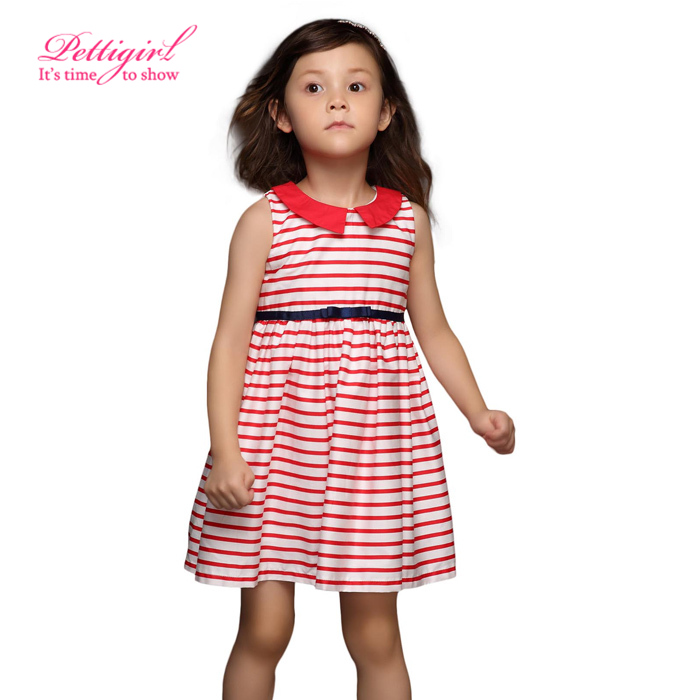 2015 Newest Baby Kids Dresses Striped Turn-Collar Casual Dress Cotton Girls Summer Costume for 1-6Y Children Wear GD50414-12^^LM