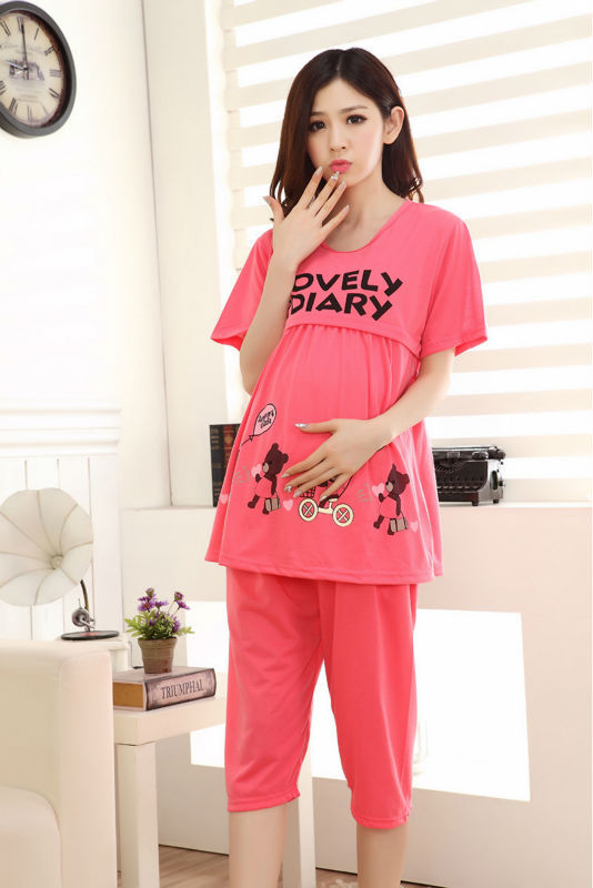 Cute bears Red Summer Pregnant woman pajamas nightwear clothing for pregnancy Puerpera breastfeeding clothes set maternal top 2